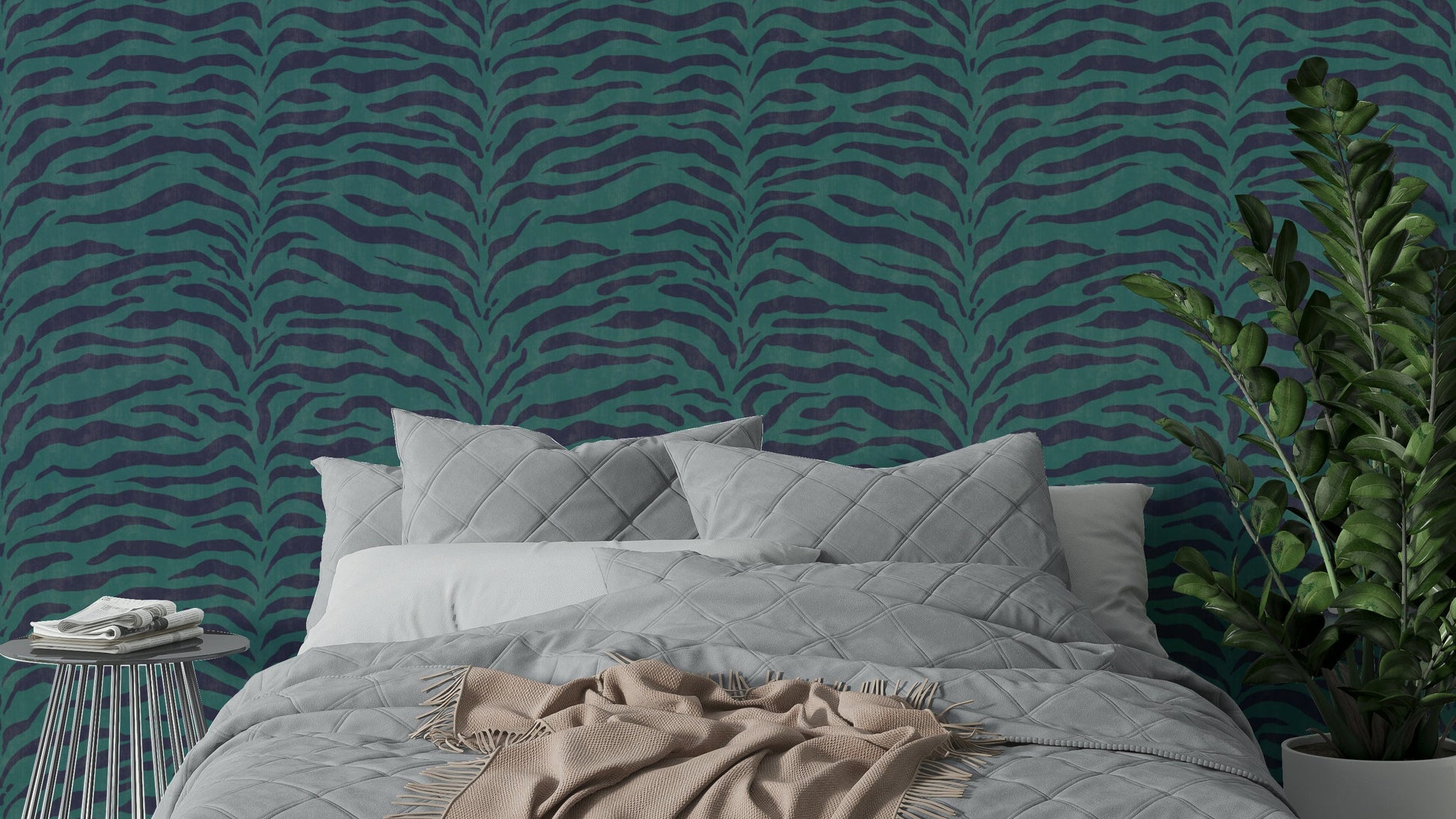 A close-up view of a wallpaper with a zebra stripe pattern.
