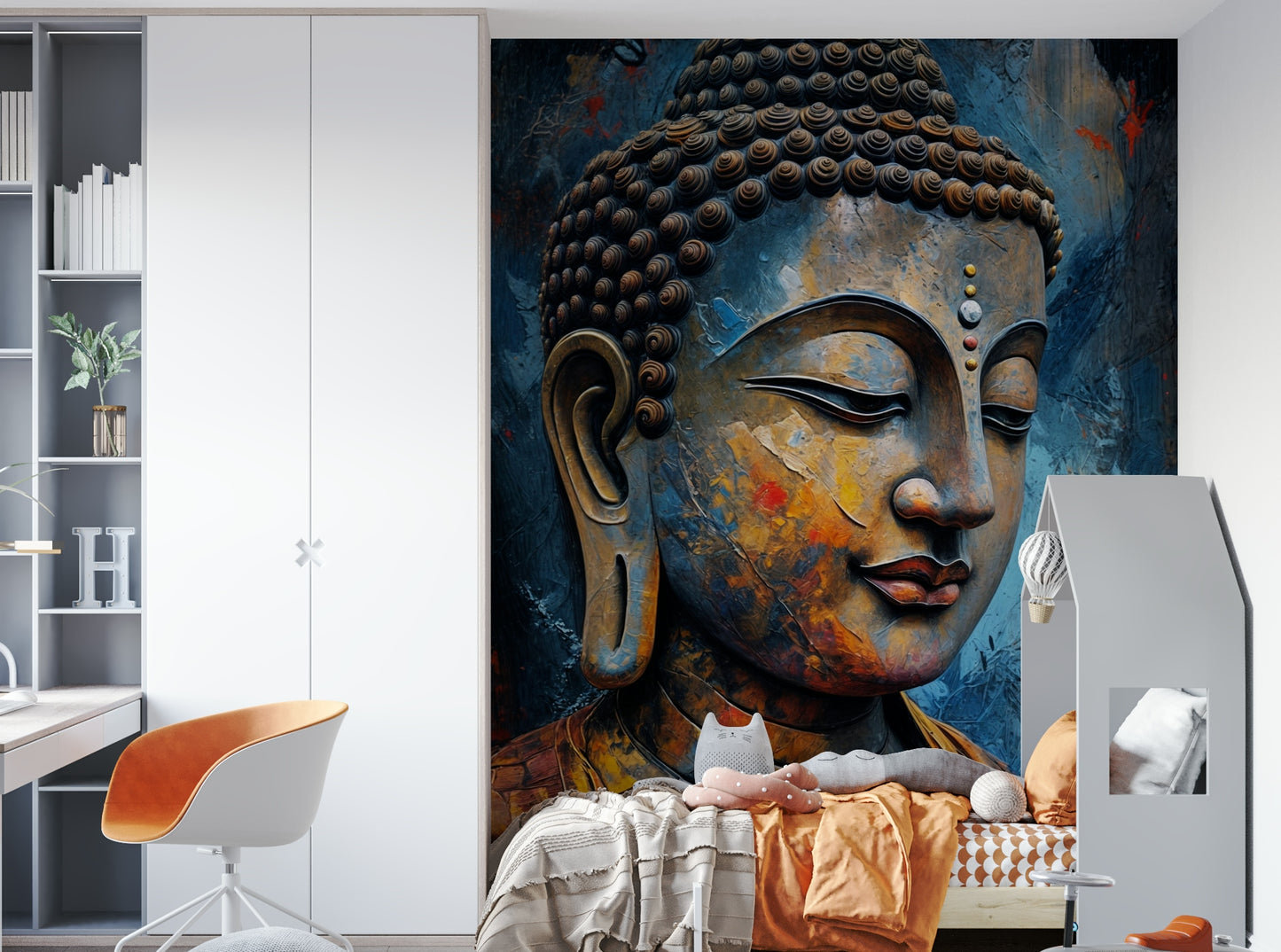 A wall mural showing a person sitting in a meditative, peaceful pose.
