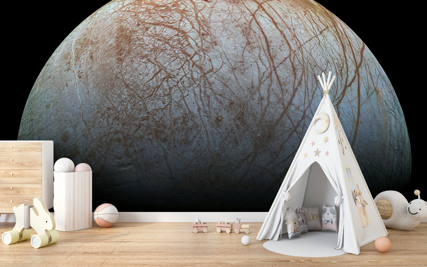 The surface is depicted as cracked and veined, like a network of lines.
