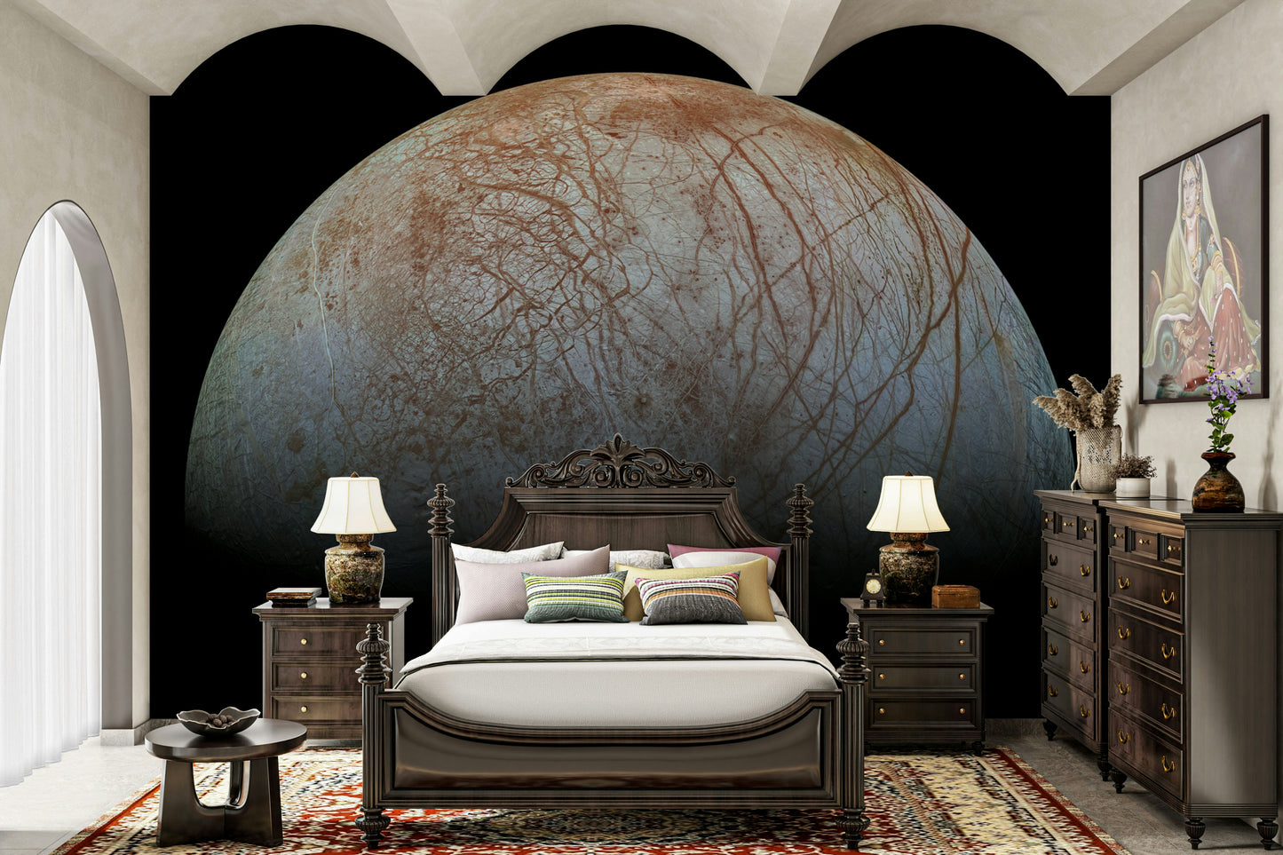 The mural gives the illusion of a window into the solar system.
