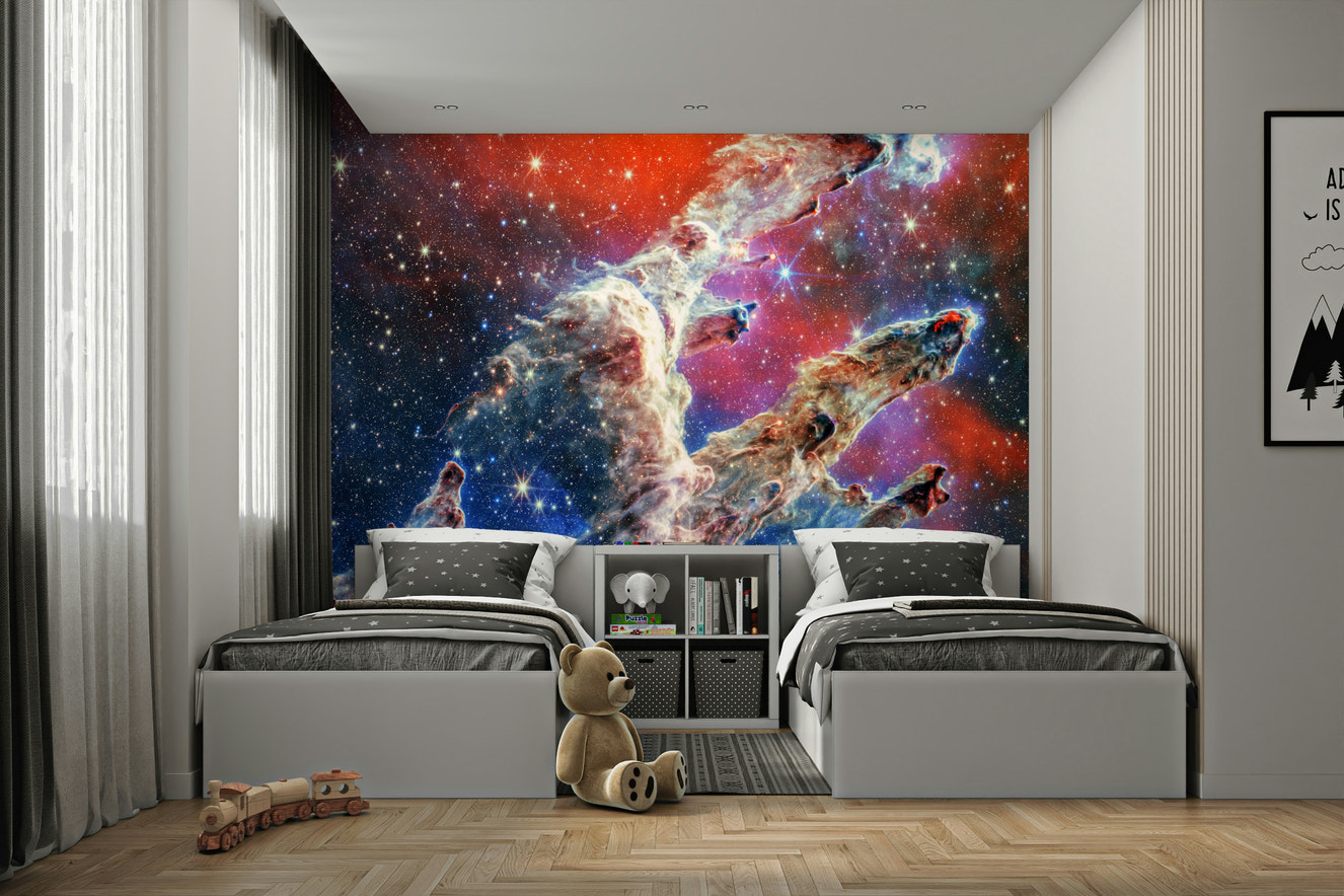 A wall mural depicting majestic cosmic pillars in deep space.
