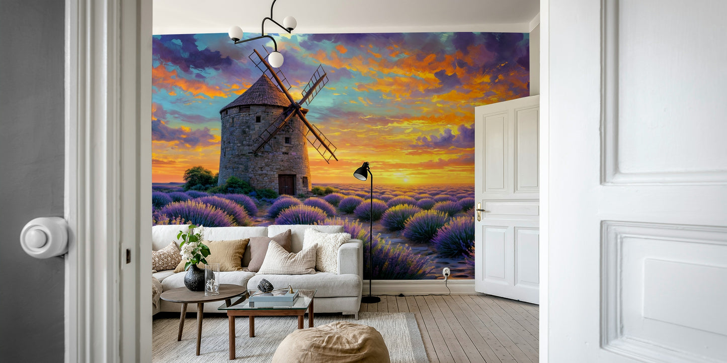 The image shows a full wall with many rows of purple lavender flowers.

