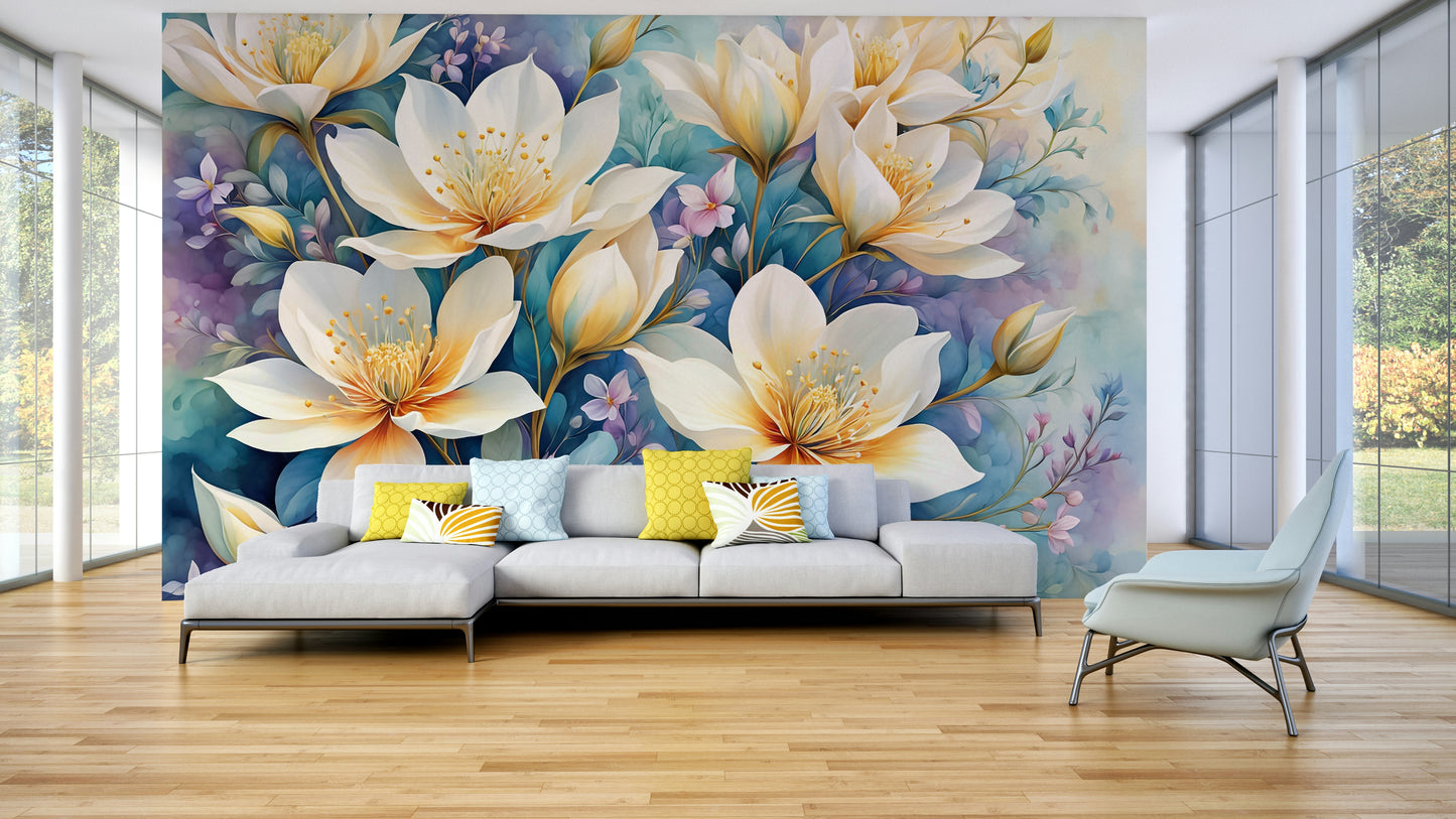 The mural extends across the entire wall, creating a clean backdrop.

