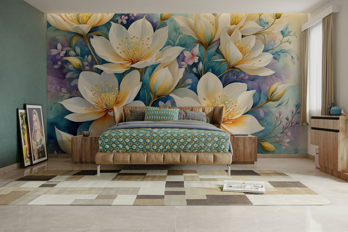 The mural is installed in a modern, eclectic living room.

