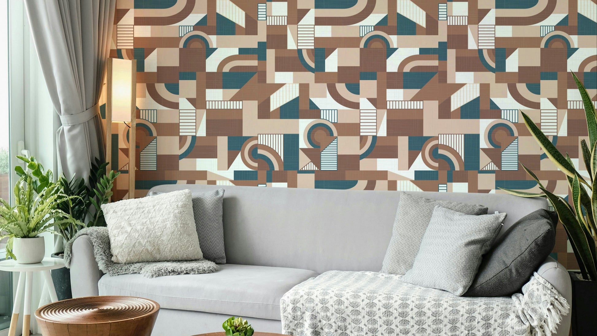 The image shows a full wall with flowing, fluid shapes.

