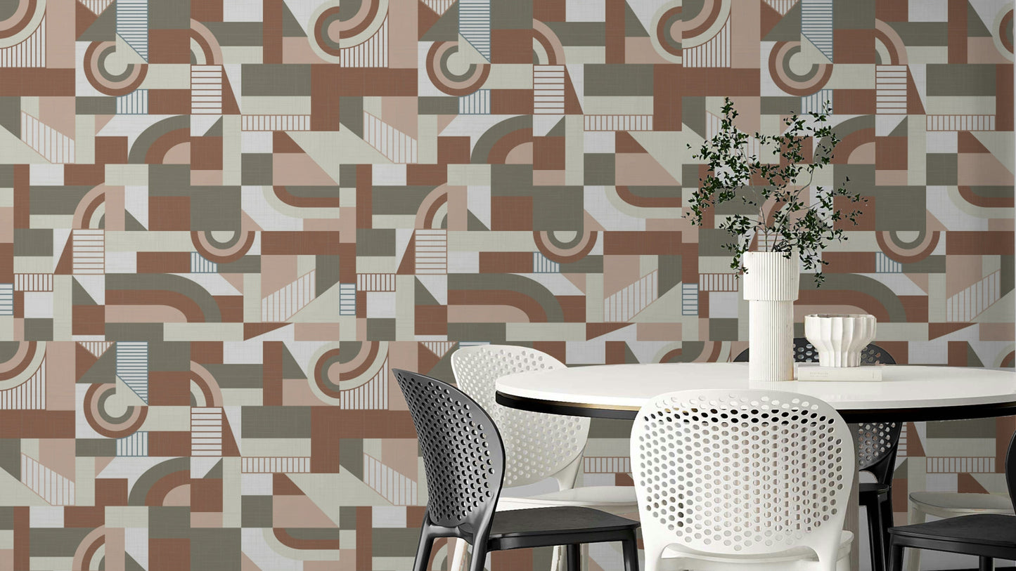 The wallpaper is installed in a modern, elegant living room.

