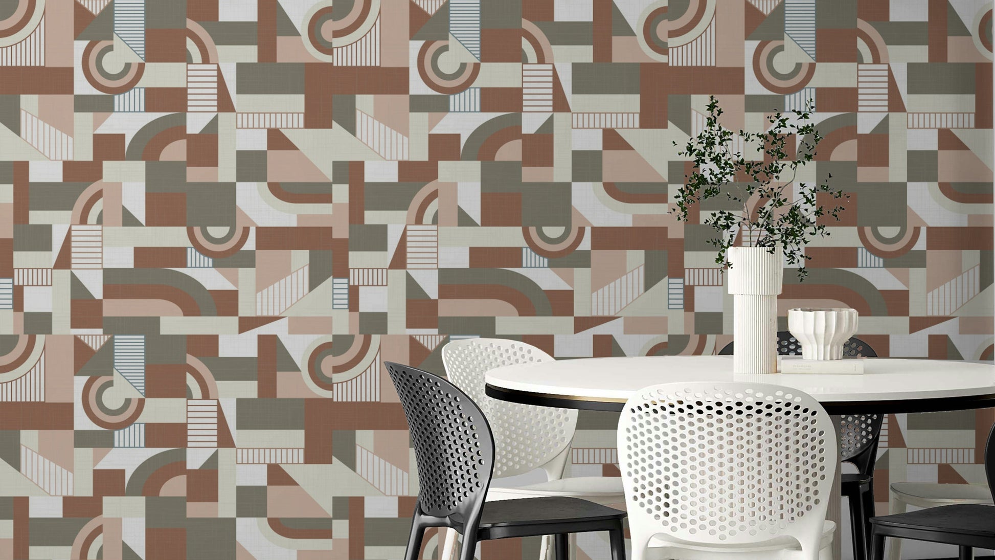 The wallpaper is installed in a modern, elegant living room.

