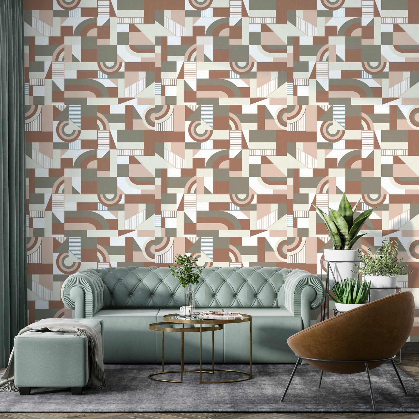 The mural extends across the entire wall, creating a clean backdrop.

