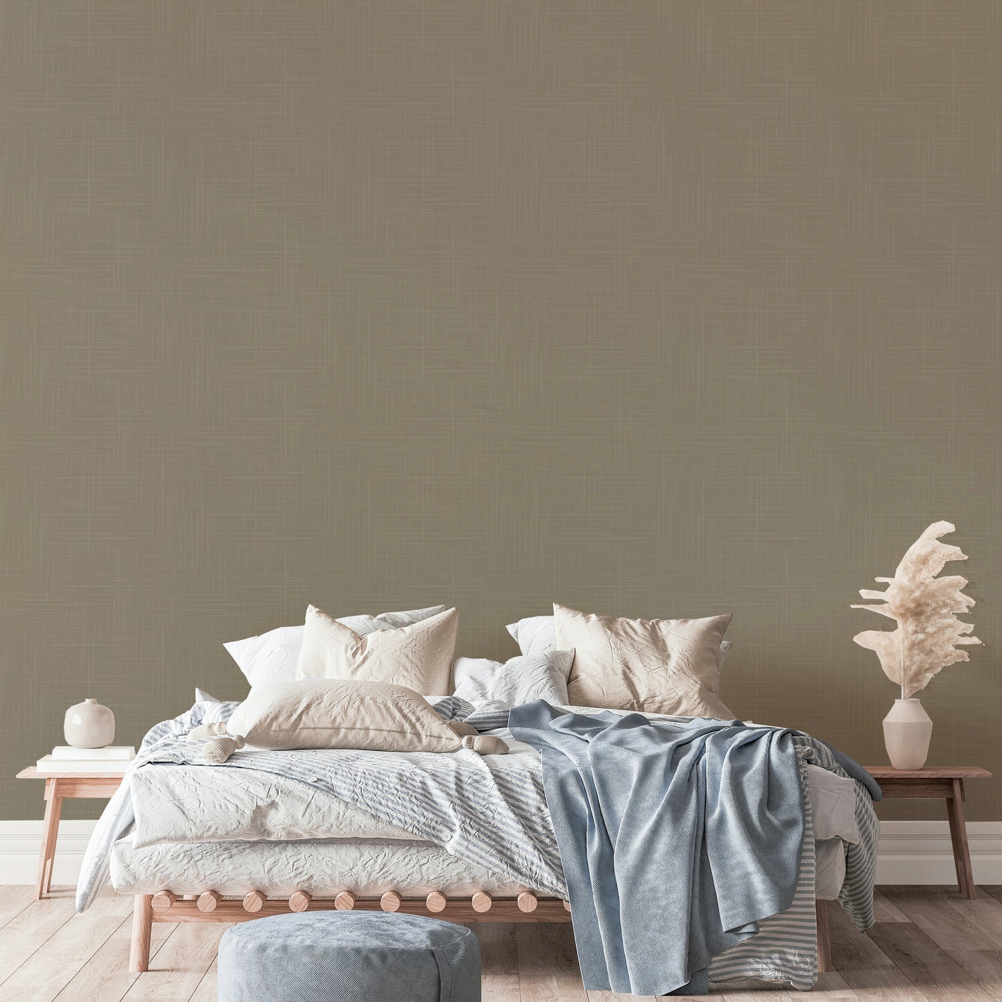 The wallpaper is installed in a modern, elegant living room.

