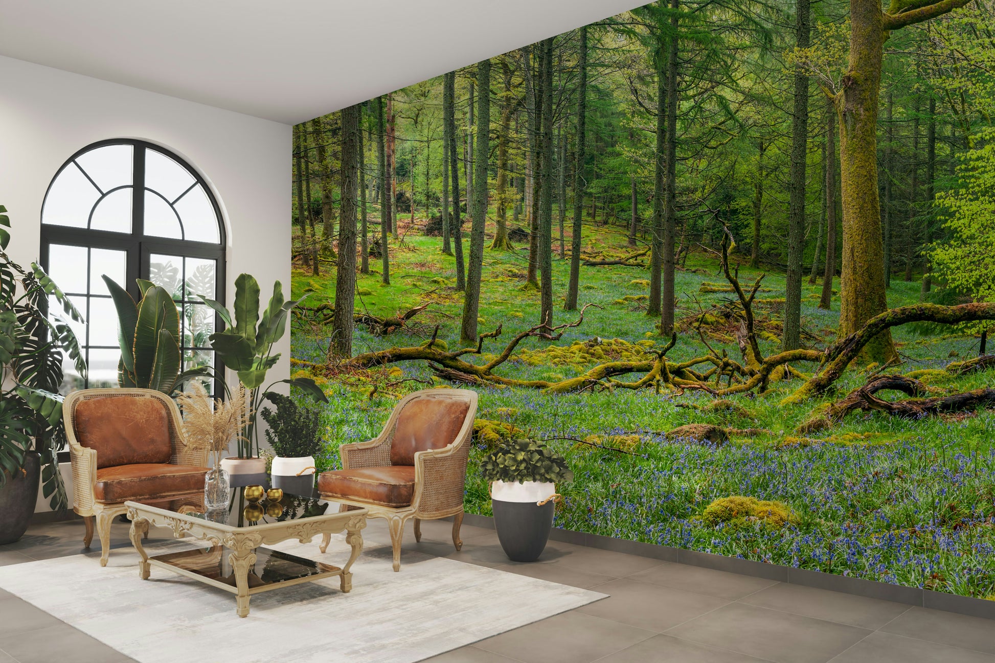 A wall mural featuring a peaceful forest scene.

