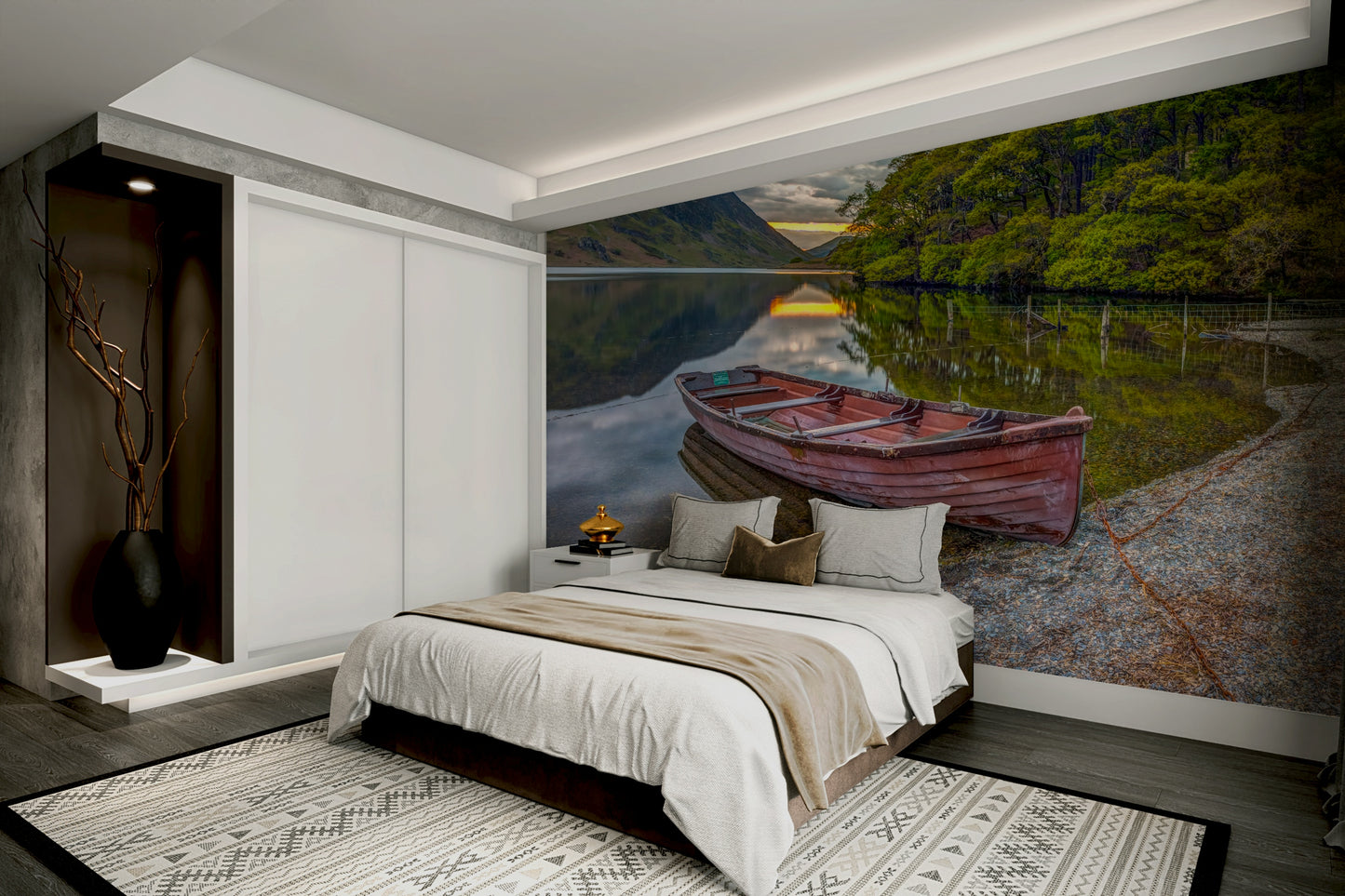 The mural is installed in a modern, quiet living room.

