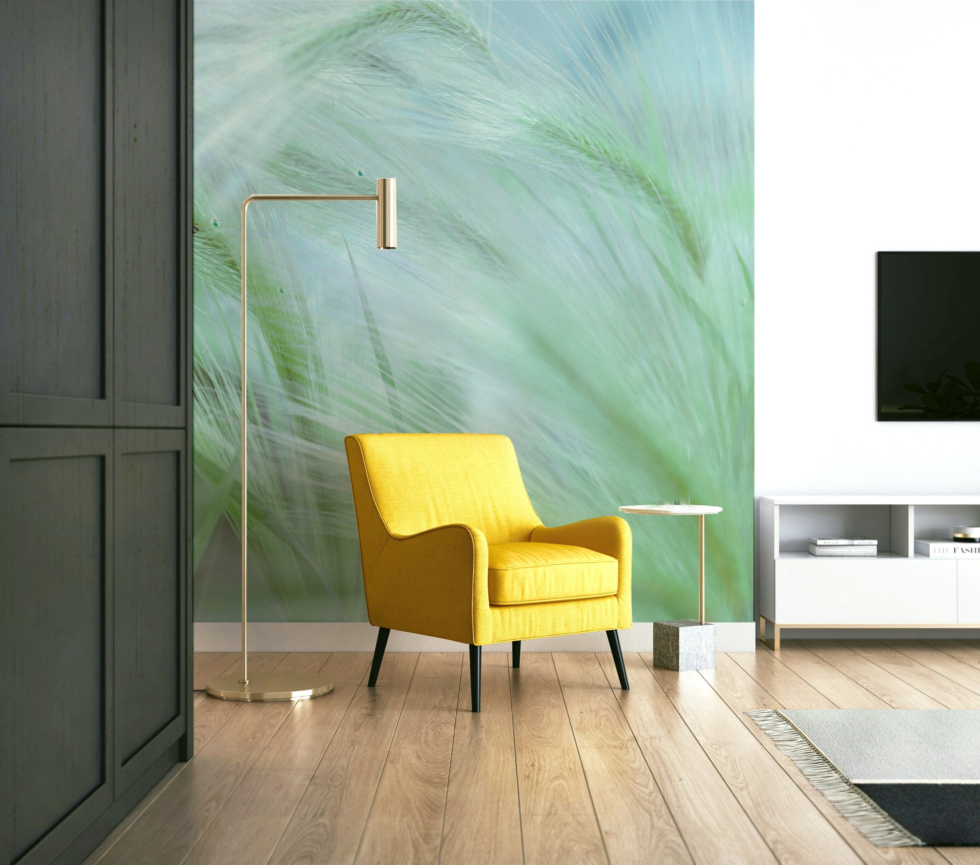 A close-up view shows the fine details of the grass blades.

