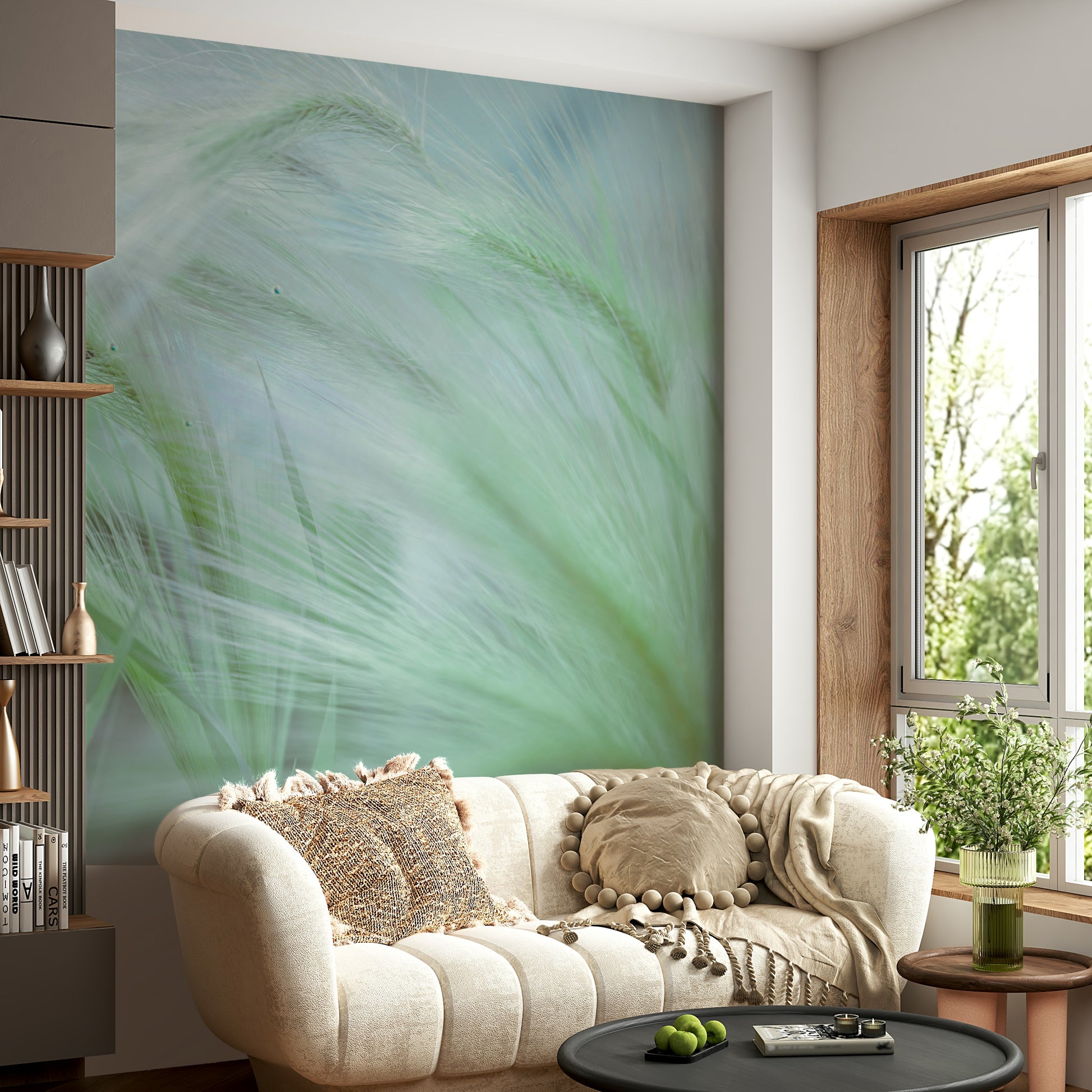 The mural is installed in a modern, quiet living room.

