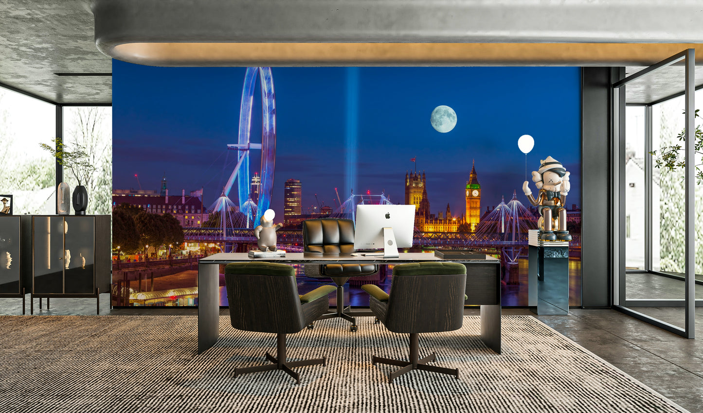 A wall mural featuring a peaceful, panoramic city view.

