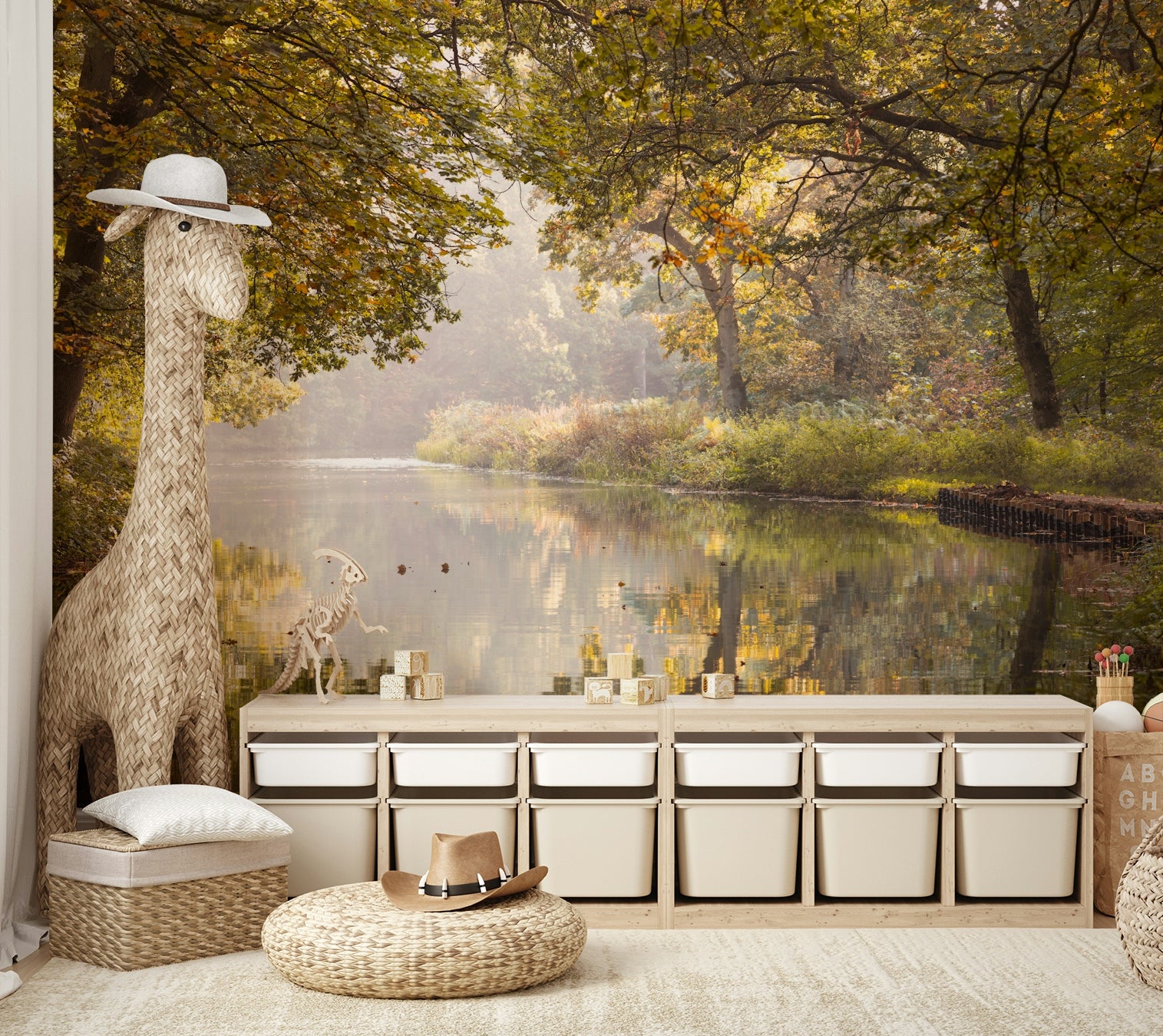 A wall mural featuring a serene autumn water scene.

