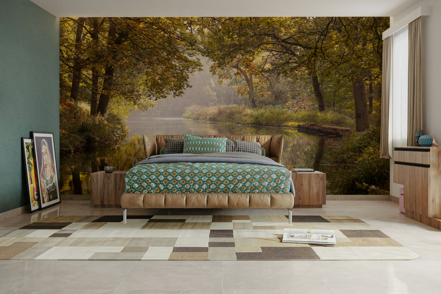 The image shows a full wall with a calm body of water surrounded by trees.

