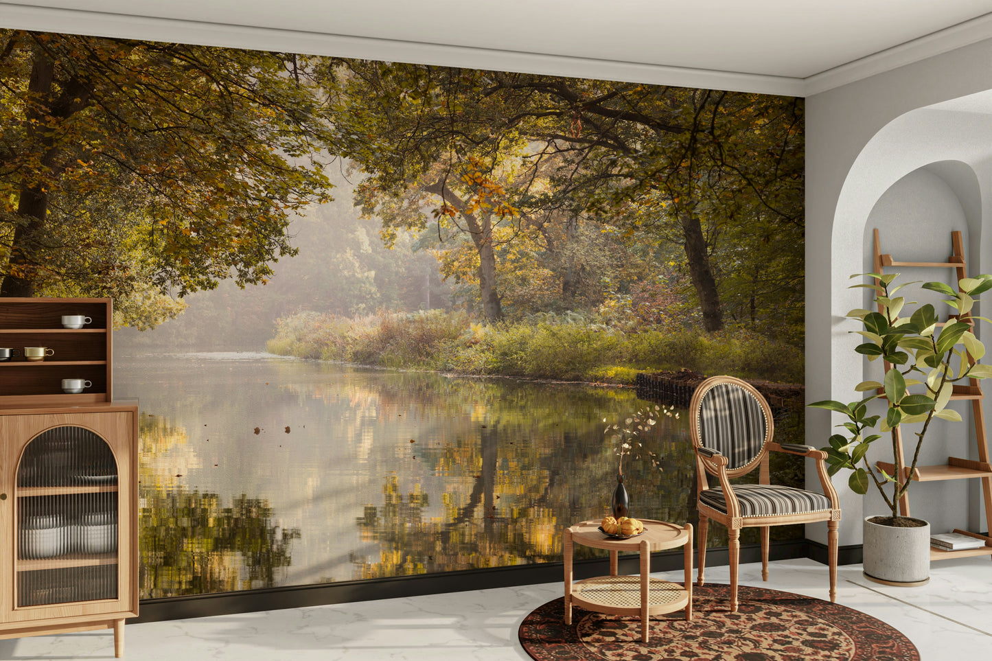 The mural is installed in a modern, peaceful living room.

