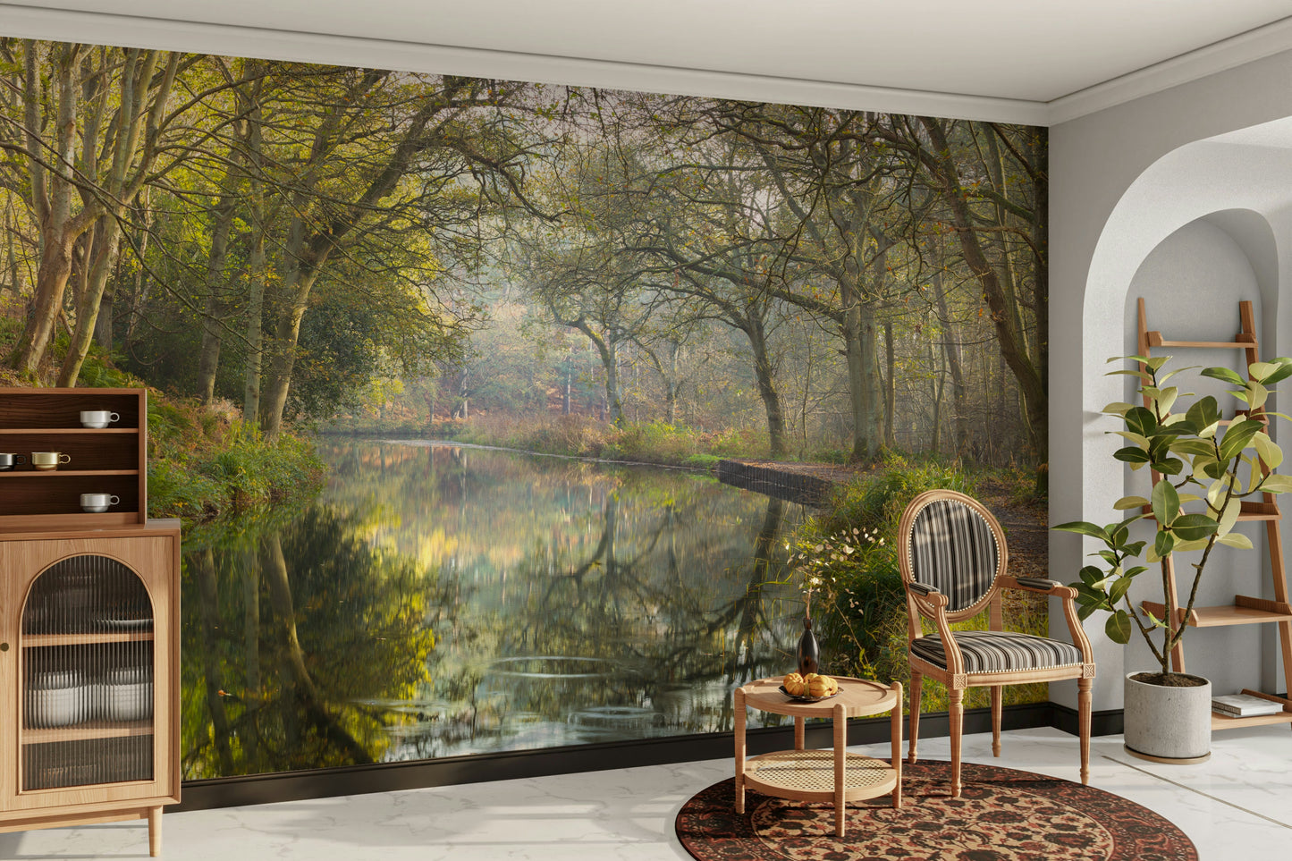 The image shows a full wall with a waterway winding through trees.

