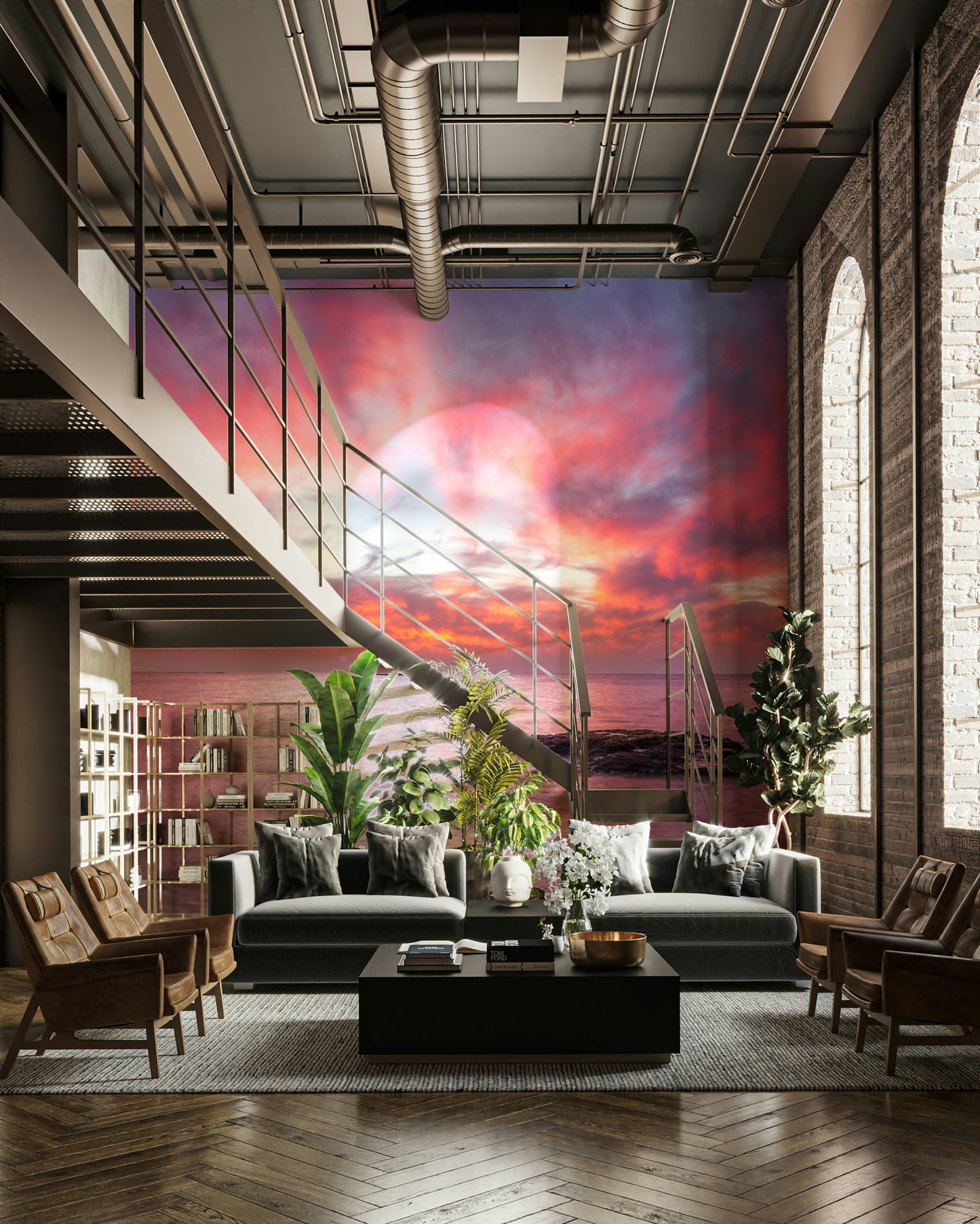 The image shows a full wall with soft, painterly waves.

