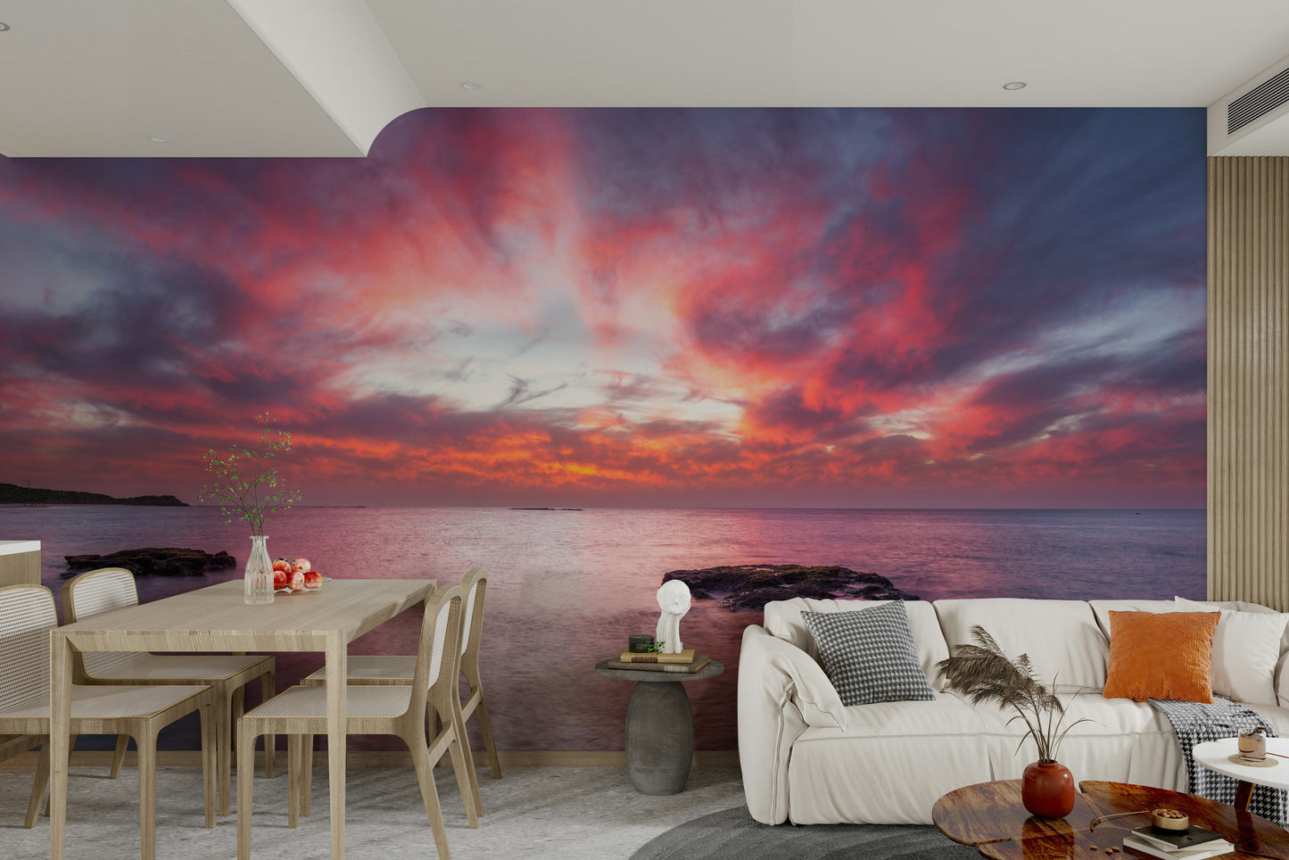 The mural is installed in a modern, peaceful living room.

