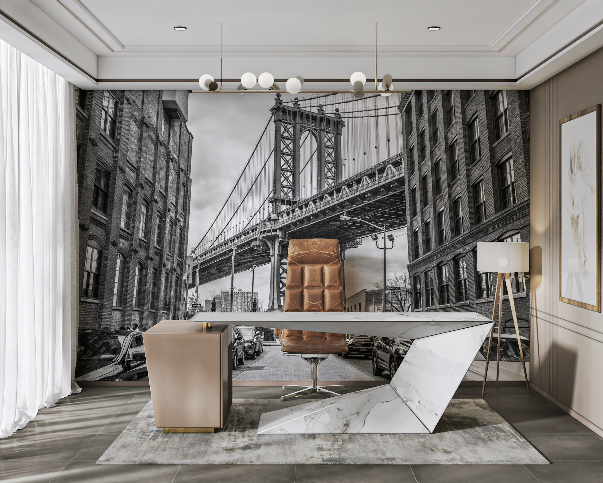 Several parked cars are visible along the cobblestone street.

