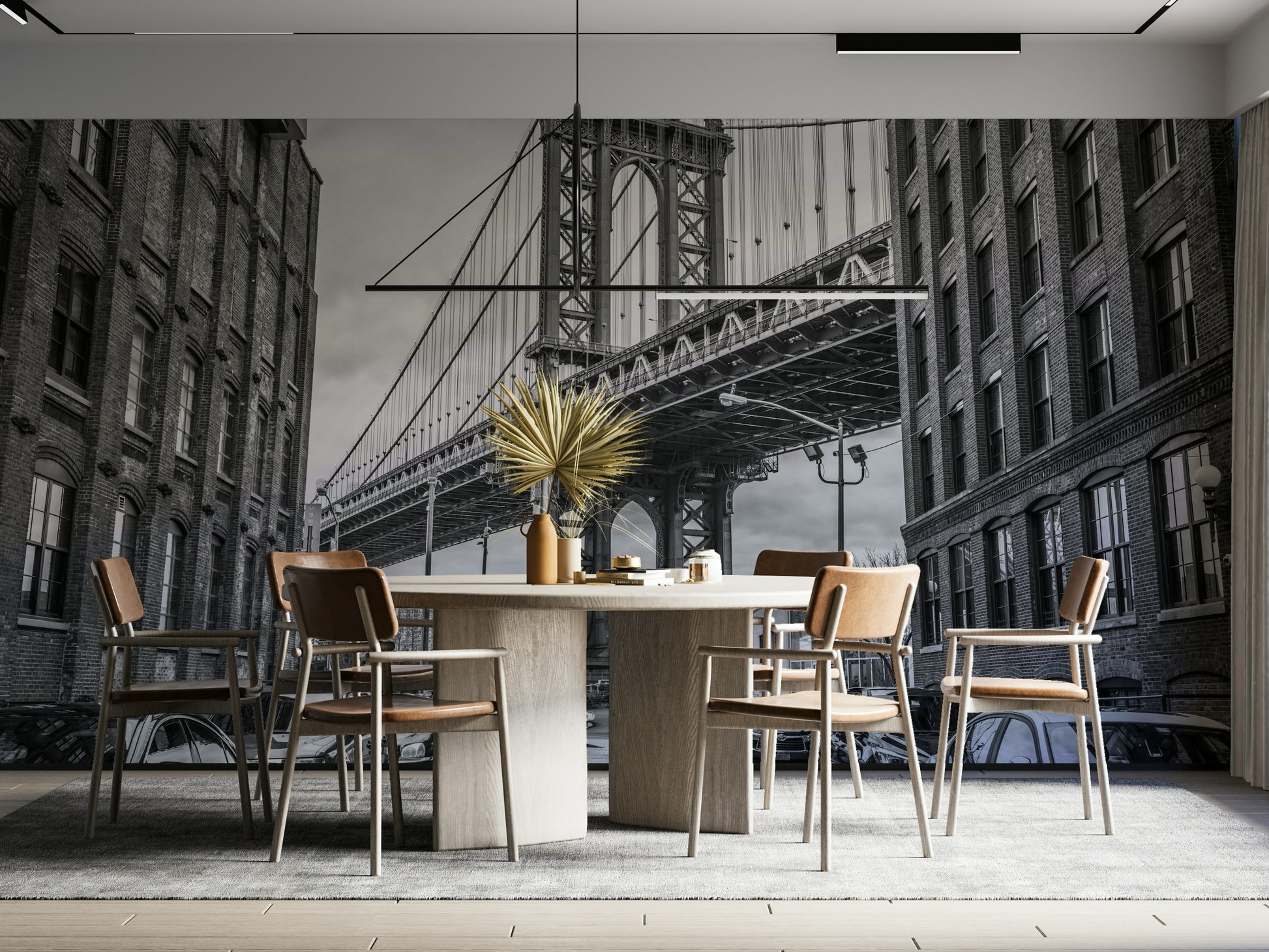 The sky is overcast, creating a dramatic urban atmosphere.

