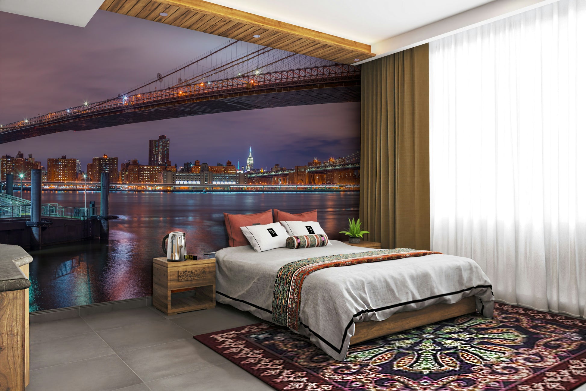 The image shows a full wall with glowing buildings and city lights.

