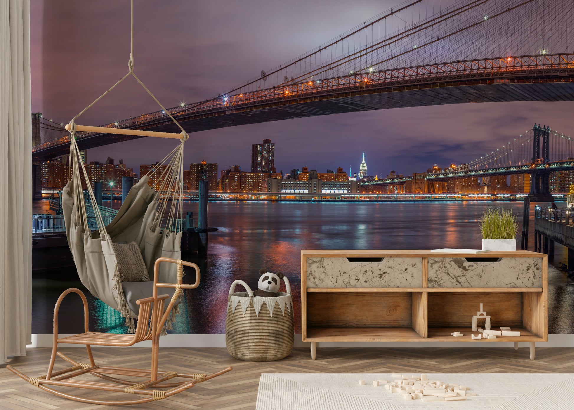 The mural is installed in a modern, eclectic living room.

