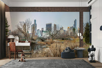 The mural is installed in a modern, quiet living room.


