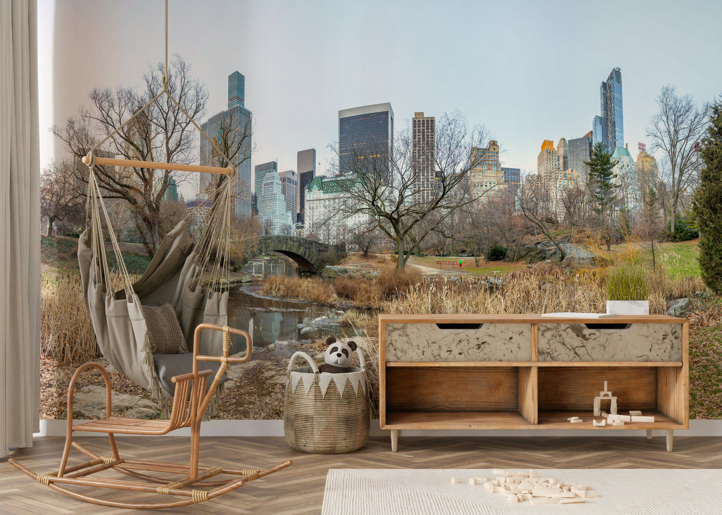 The mural extends across the entire wall, creating a smooth backdrop.

