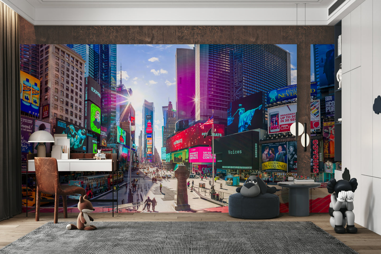A wall mural featuring a vibrant, energetic city scene.

