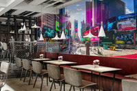 The mural is installed in a modern living room.

