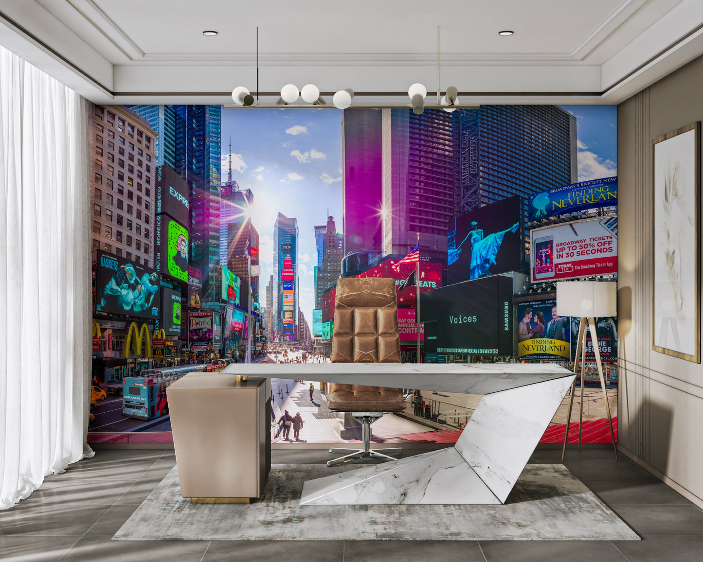 A close-up view shows the blurred motion of cars and the glowing billboards.

