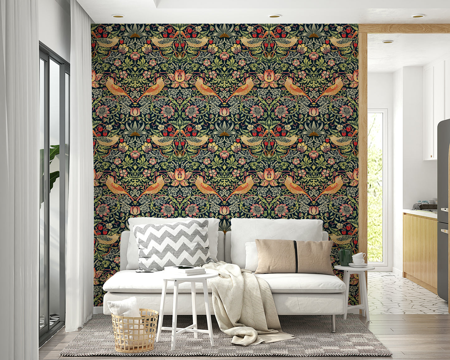 The image shows a repeating design of birds, vines, and strawberries.

