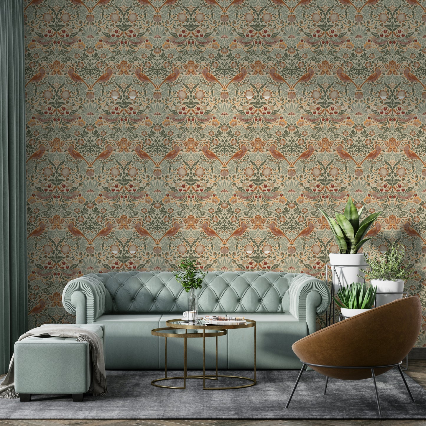 The room's lighting highlights the timeless feel of the pattern.

