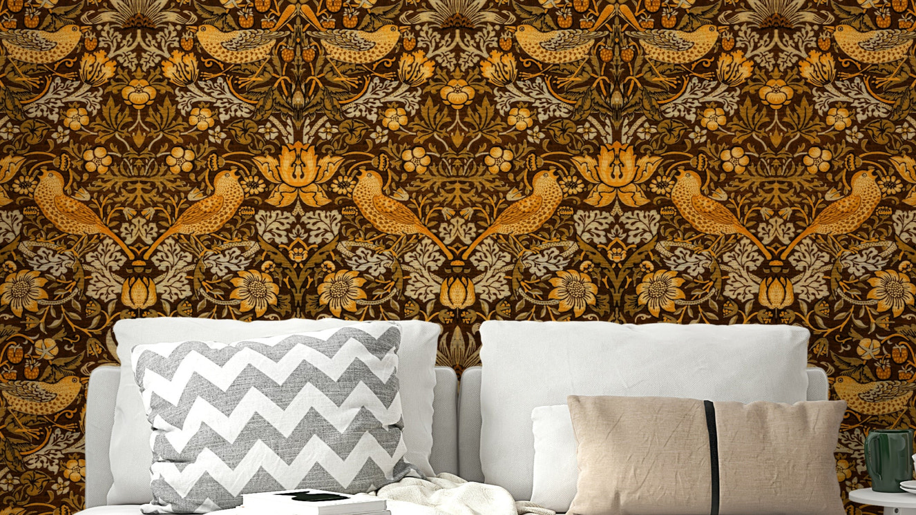 A wallpaper featuring a classic, intricate botanical pattern.

