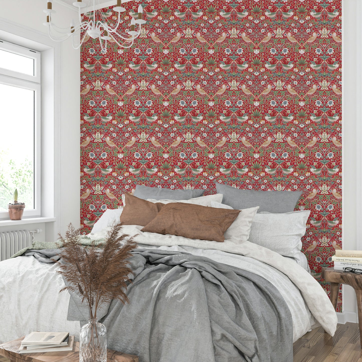 The wallpaper is installed in a classic, elegant living room.

