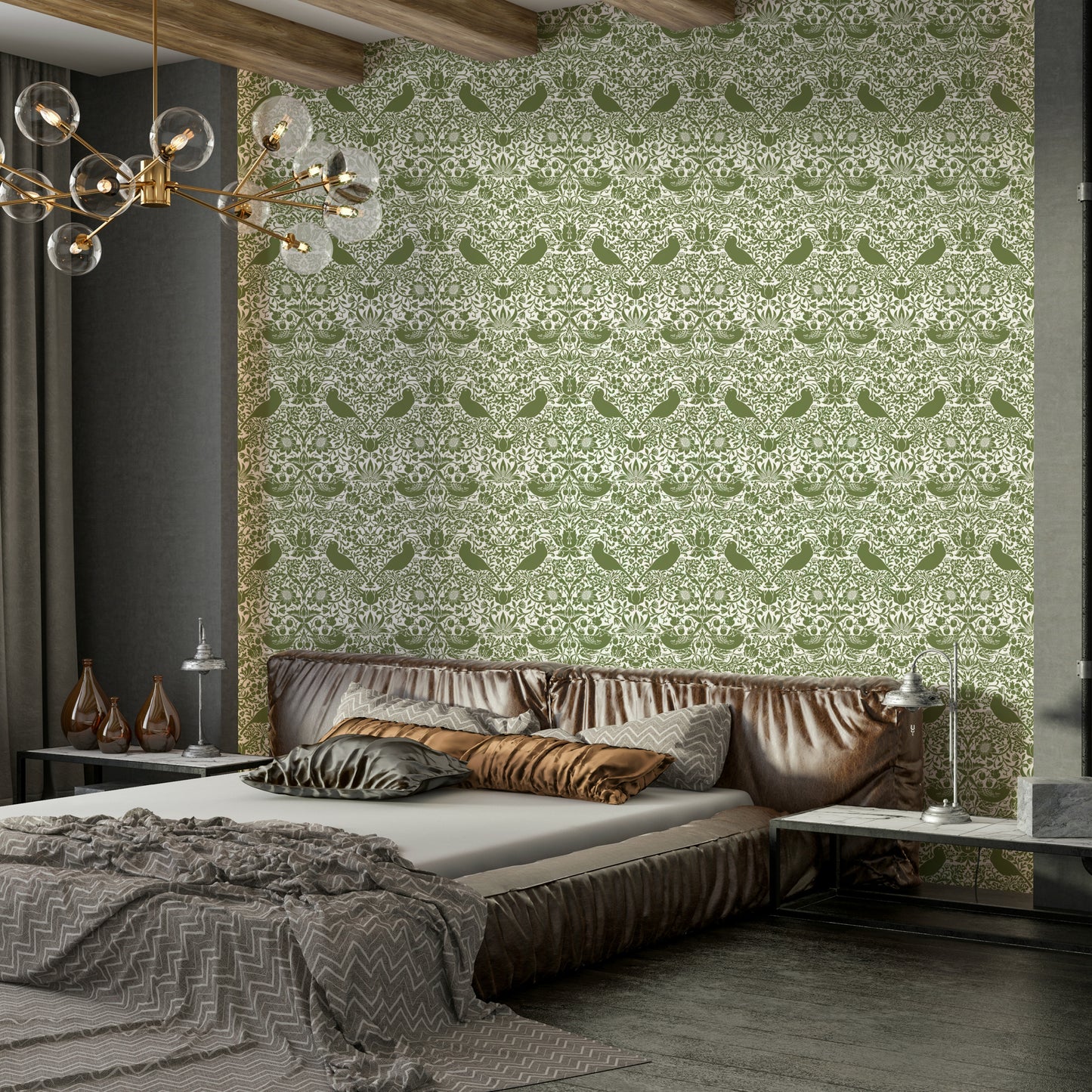 The wallpaper is installed in a classic, elegant living room.

