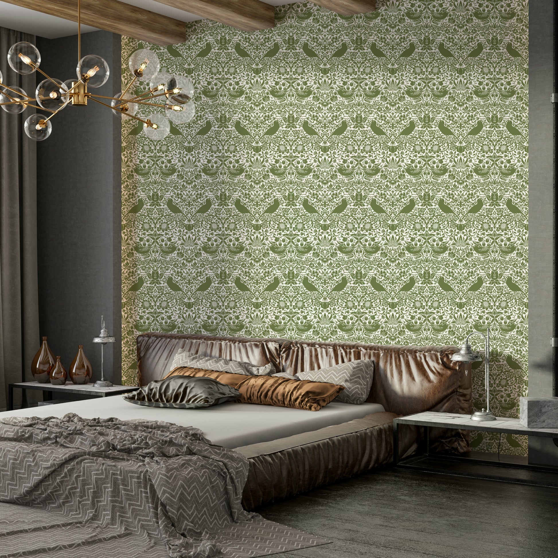 The wallpaper is installed in a classic, elegant living room.

