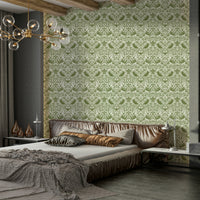The wallpaper is installed in a classic, elegant living room.

