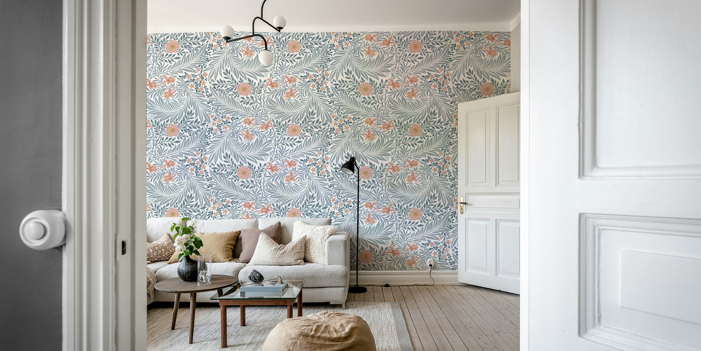 The colors are rich and warm, with a dominant blue and cream tone.

