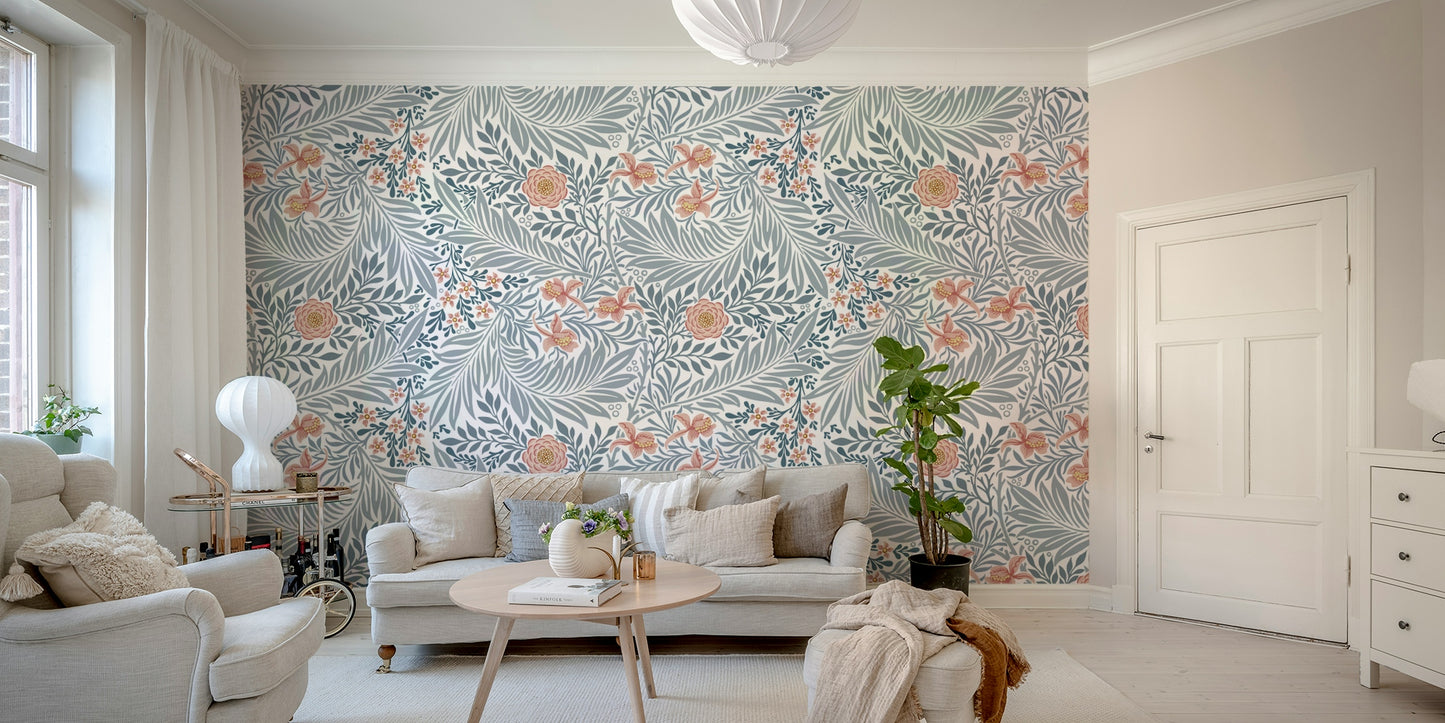 The wallpaper is installed in a classic, elegant living room.

