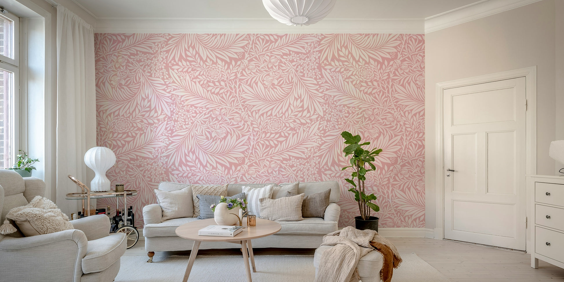 The wallpaper is installed in a classic, elegant living room.

