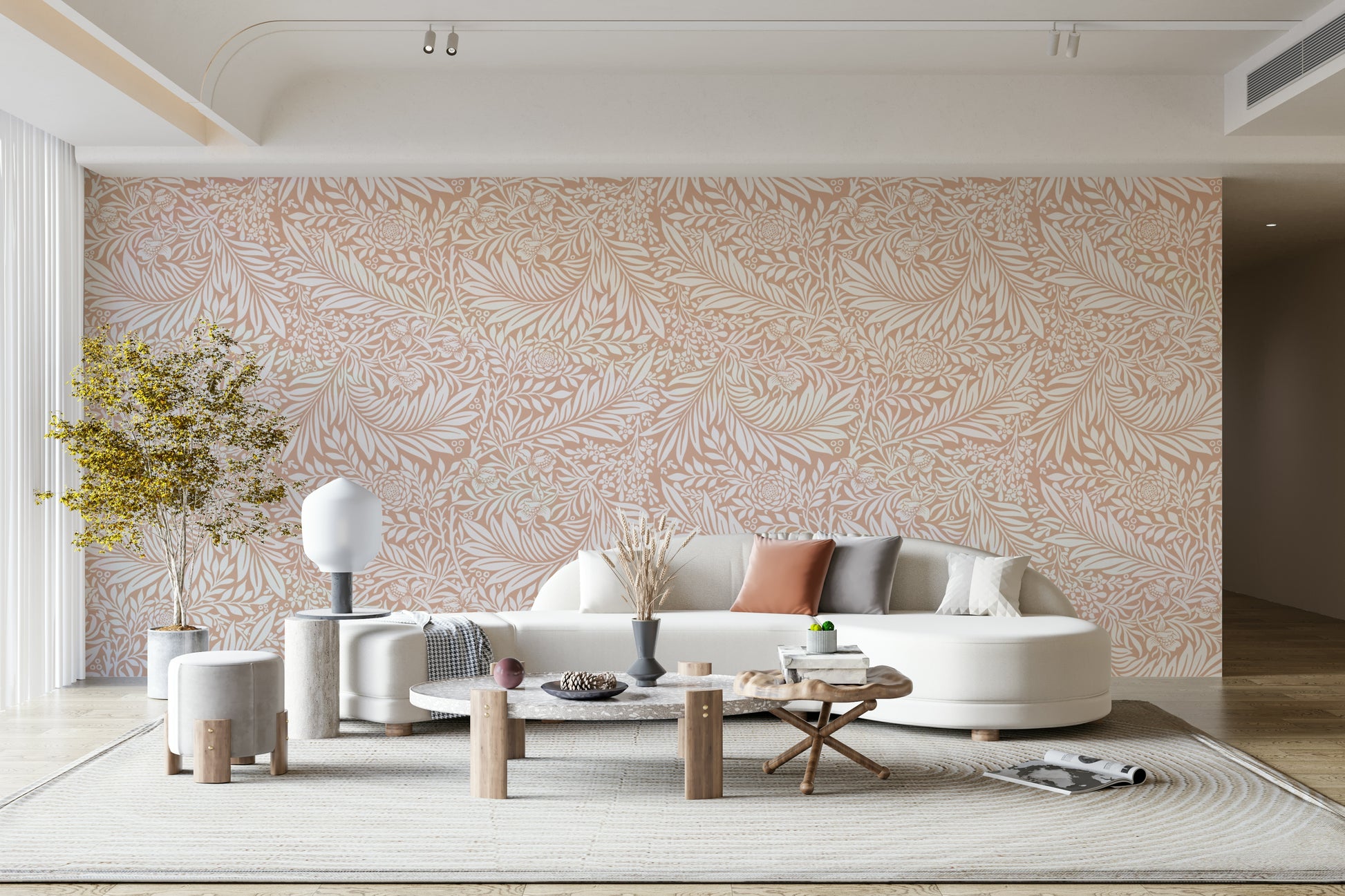 The image shows a repeating design of larkspur flowers and leaves.

