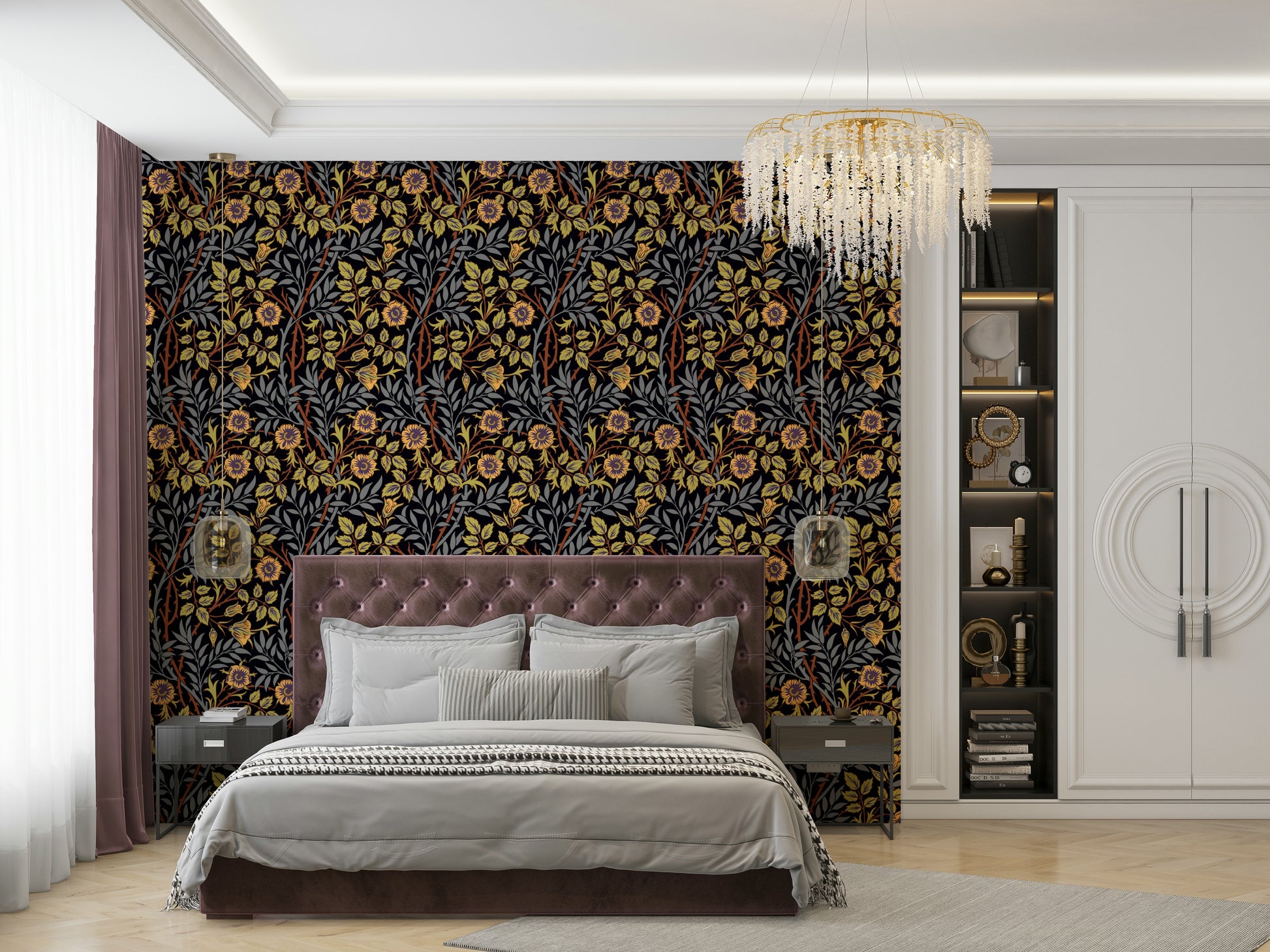 The wallpaper is installed in a classic, elegant living room.

