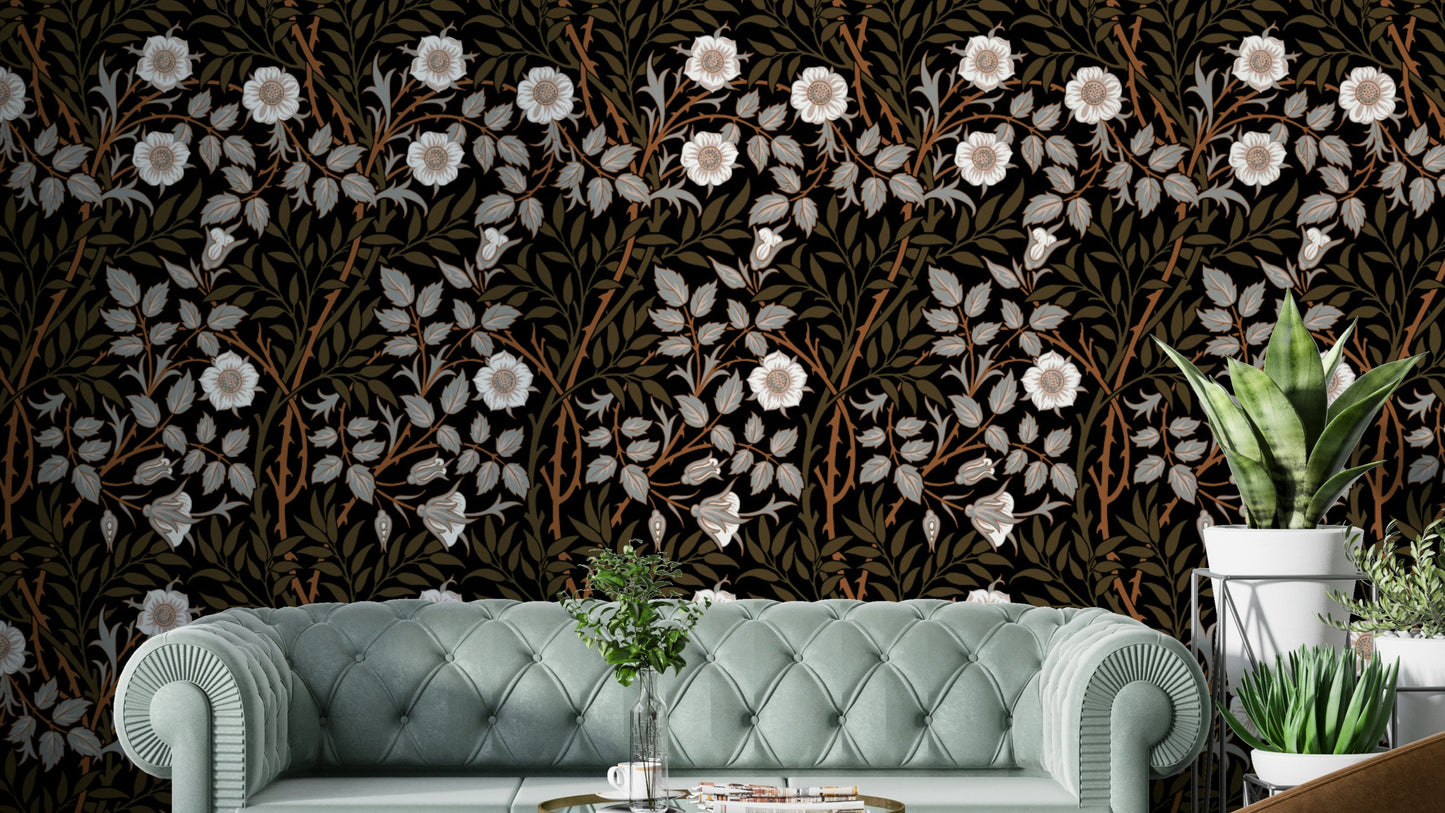 A wallpaper featuring a classic, intricate floral pattern.

