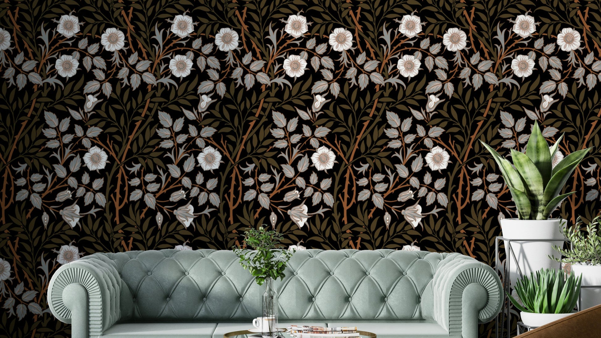 A wallpaper featuring a classic, intricate floral pattern.


