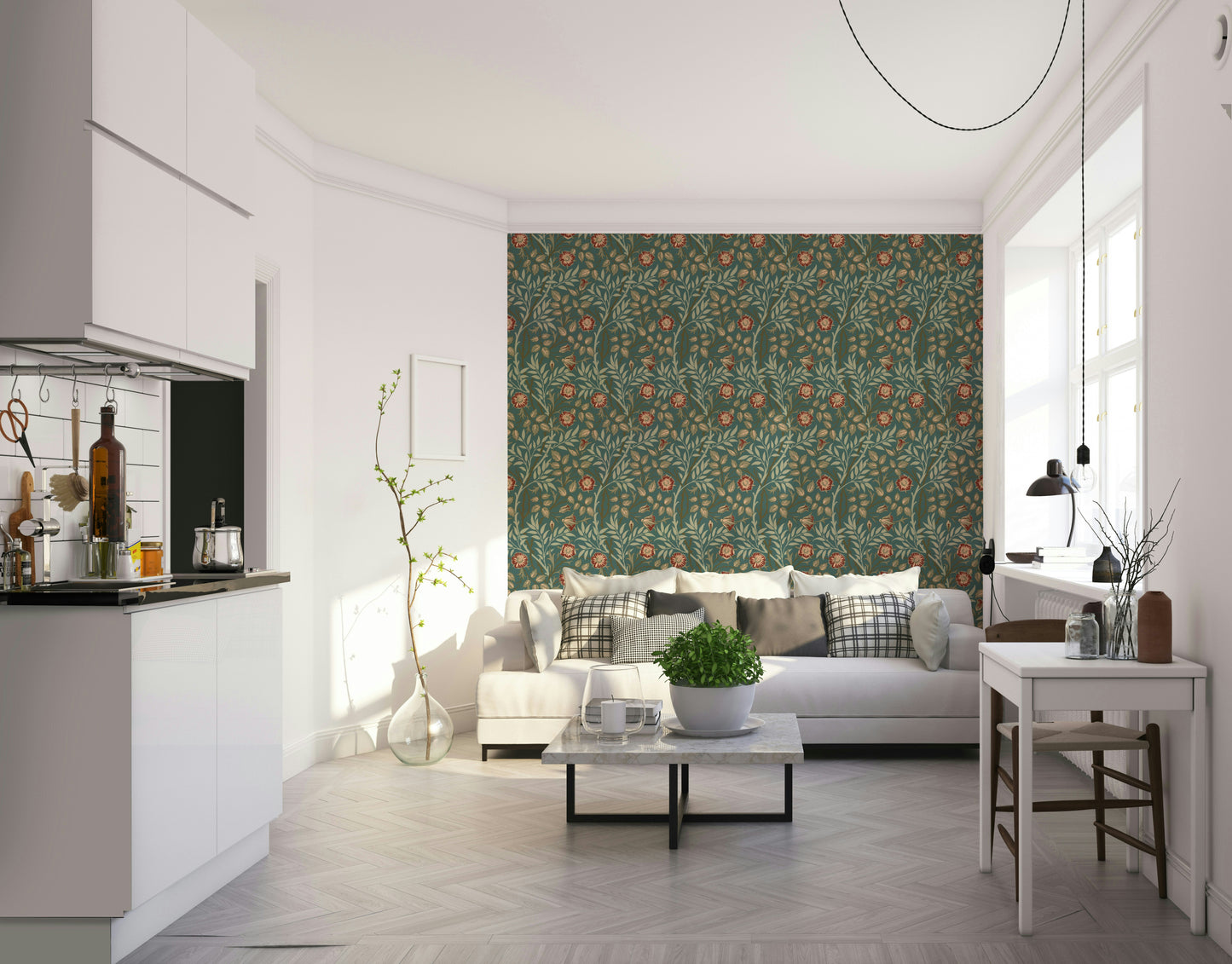 The wallpaper is installed in a classic, elegant living room.

