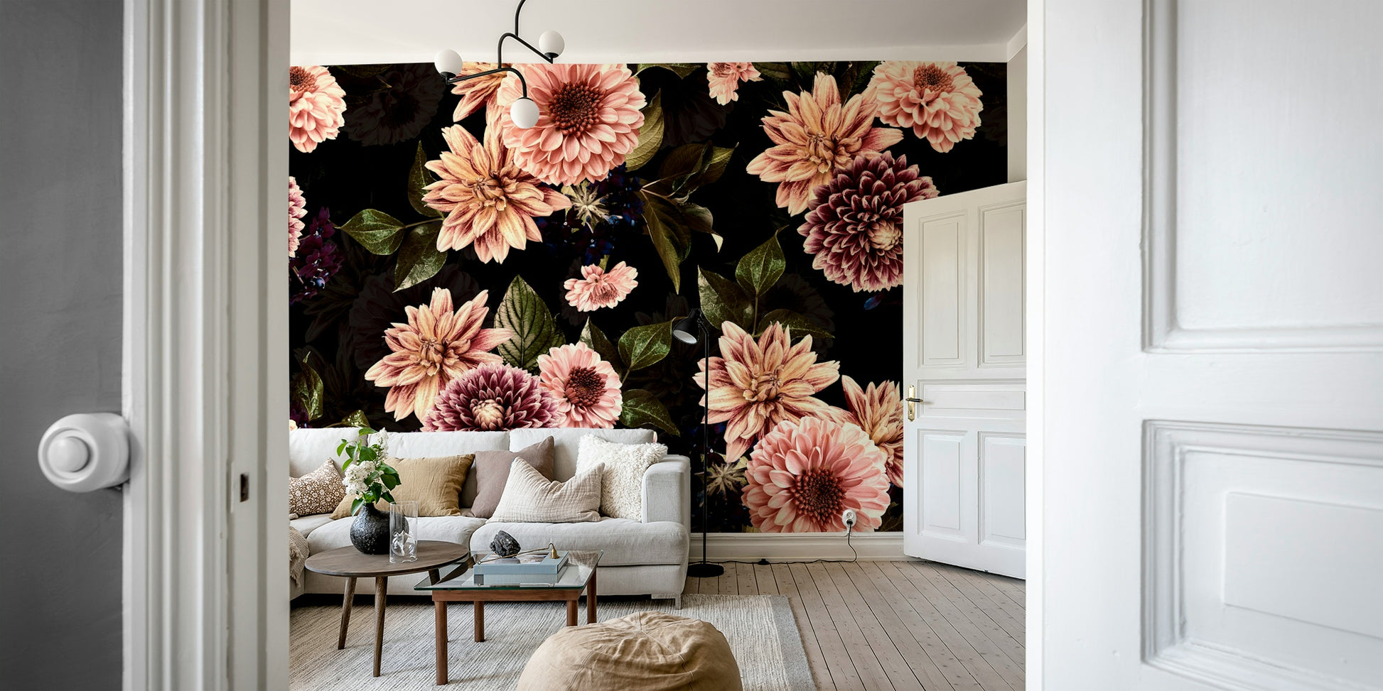 The mural is installed in a modern, eclectic living room.

