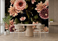 The image shows a full wall with several large flowers on a dark, moody background.

